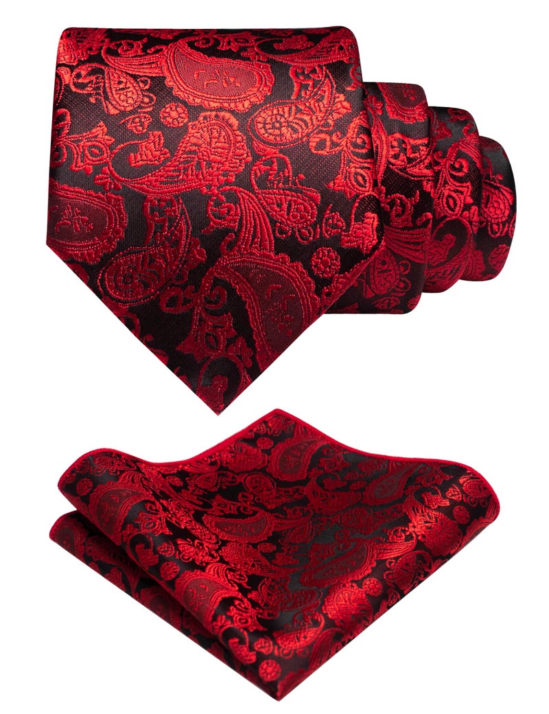 JEMYGINS Red Paisley Tie Wedding Business Silk Necktie and Pocket Square, Hankerchief with Tie Clip Sets for Men(2) - Image 1